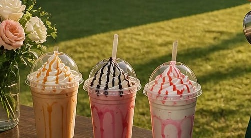 Three iced frappe drinks — caramel, chocolate and strawberry — topped with whipped cream, ready to serve.