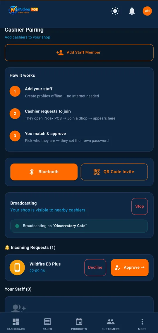 iNdex Admin Cashier Pairing screen broadcasting the shop over Bluetooth, with an incoming request and an Approve button