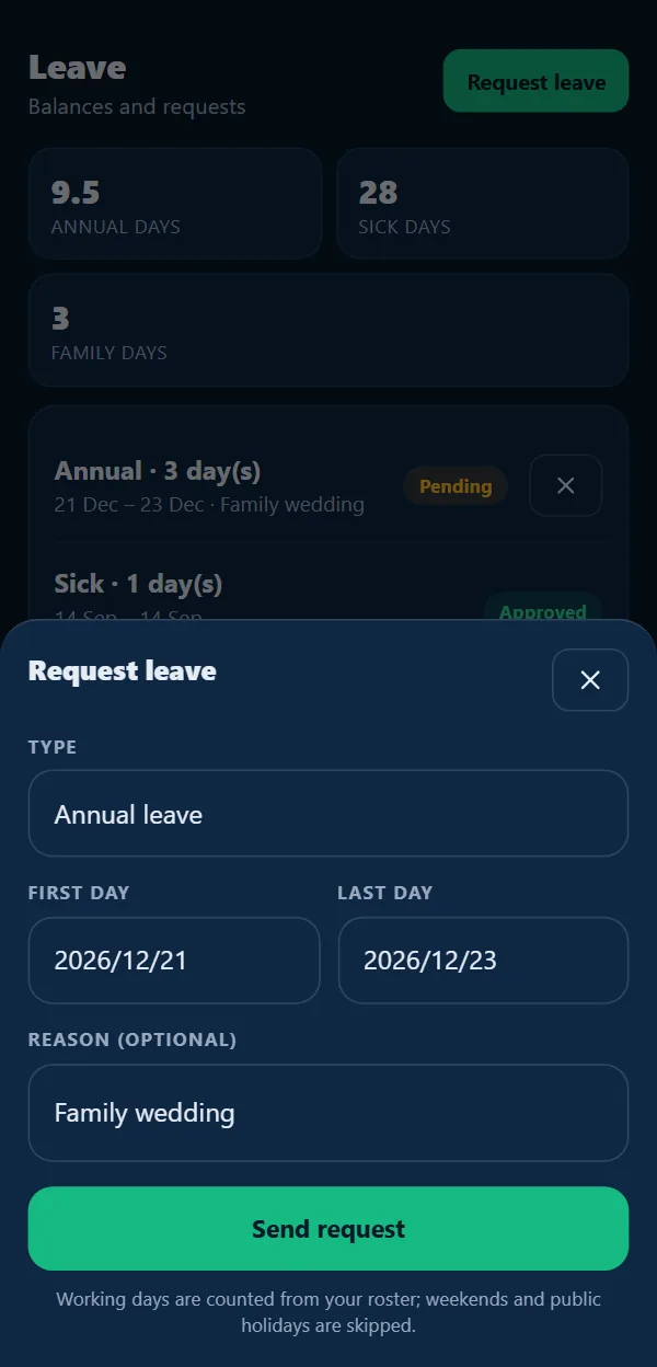 Leave screen with balances of 9.5 annual, 28 sick and 3 family days, and the Request leave form for annual leave from 21 to 23 December