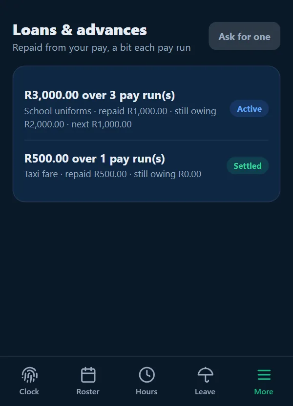 Loans and advances screen: R3,000.00 over 3 pay runs with R1,000.00 repaid, R2,000.00 still owing and the next instalment R1,000.00, marked Active; an earlier R500 advance marked Settled